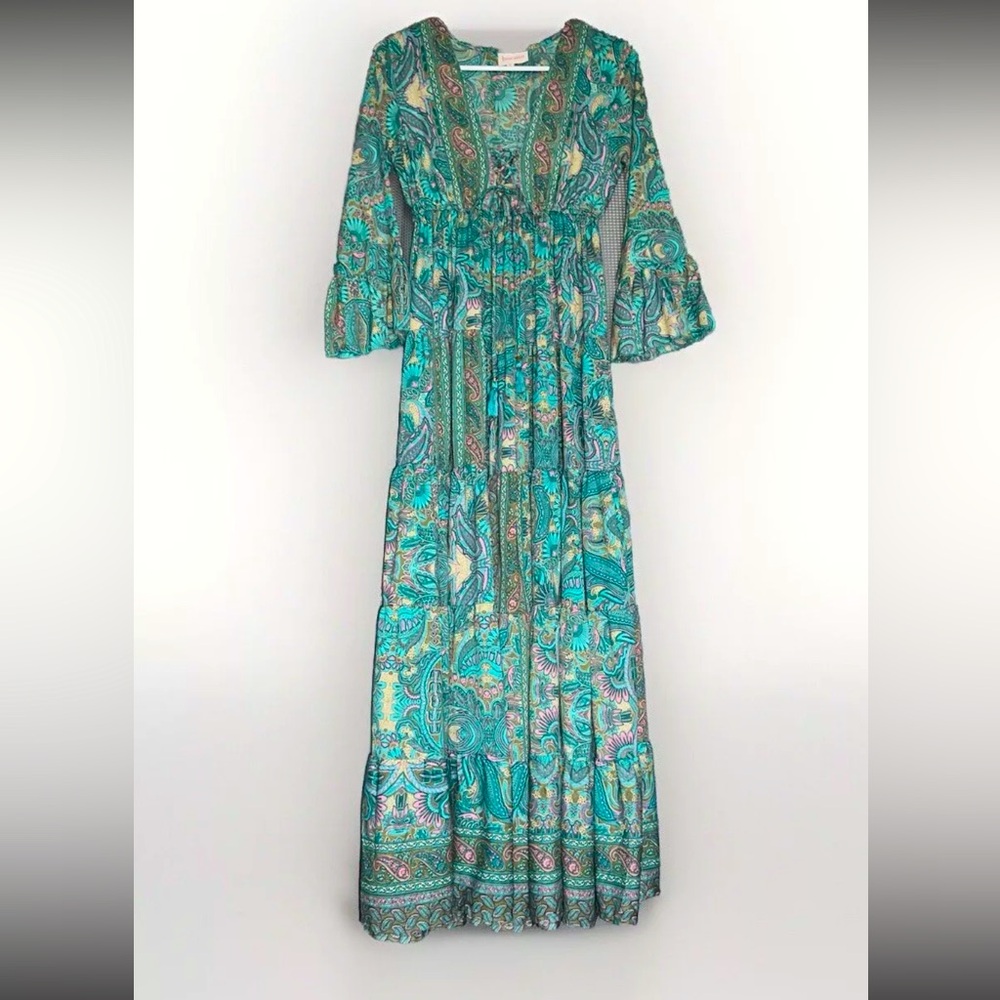 Boemo X Anthropologie Maxi Dress Sz S Turquoise Paisley Boho Bell Sleeves